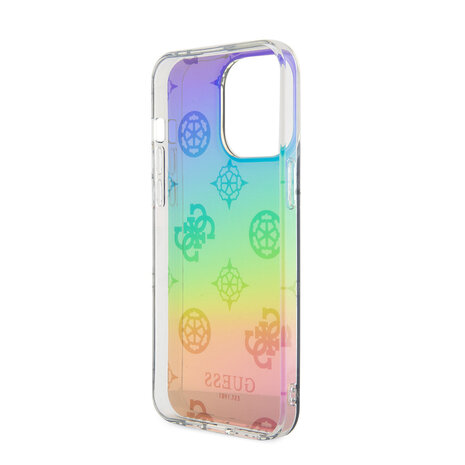 Guess Guess iPhone 15 Pro Backcover hoesje Iridescent - Glitter pattern peony - cordstrap - Zwart Guess Guess iPhone 15 Pro Backcover hoesje Iridescent - Glitter pattern peony - cordstrap - Zwart