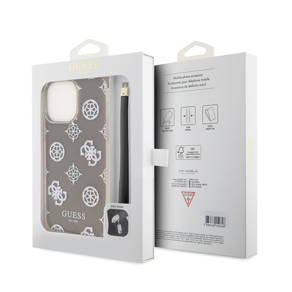 Guess Guess iPhone 15 Pro Backcover hoesje Iridescent - Glitter pattern peony - cordstrap - Zwart Guess Guess iPhone 15 Pro Backcover hoesje Iridescent - Glitter pattern peony - cordstrap - Zwart