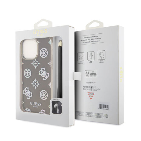 Guess Guess iPhone 15 Pro Backcover hoesje Iridescent - Glitter pattern peony - cordstrap - Zwart Guess Guess iPhone 15 Pro Backcover hoesje Iridescent - Glitter pattern peony - cordstrap - Zwart