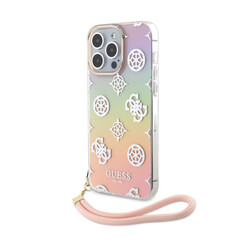 Guess iPhone 15 Pro Back cover case - Iridescent - Glitter pattern peony - cordstrap - Pink