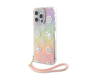 Guess Guess iPhone 15 Pro Back-Cover hul - Iridescent - Glitter pattern peony - cordstrap - Rosa Guess Guess iPhone 15 Pro Back-Cover hul - Iridescent - Glitter pattern peony - cordstrap - Rosa