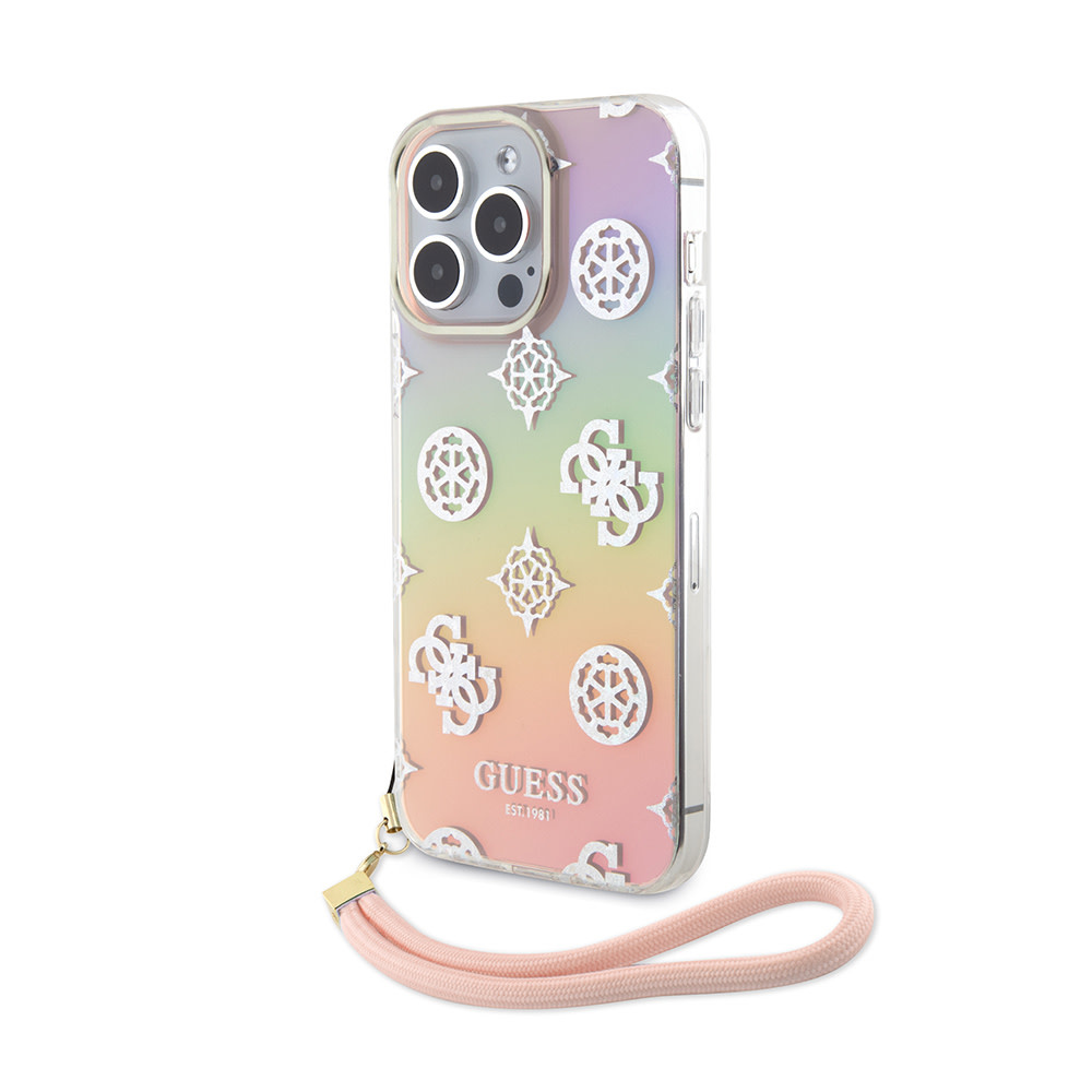 Guess Guess iPhone 15 Pro Backcover hoesje Iridescent - Glitter pattern peony - cordstrap - Roze