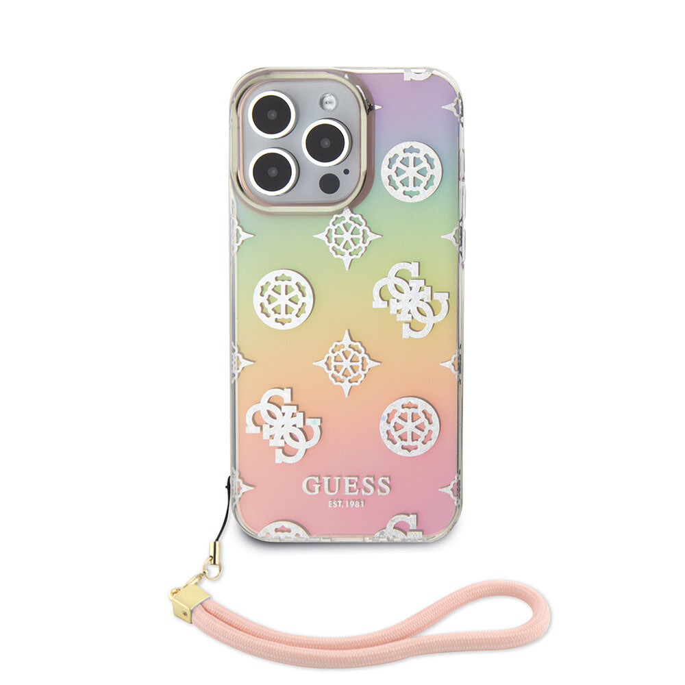 Guess Guess iPhone 15 Pro Back cover coque Iridescent - Glitter pattern peony - cordstrap - Rose Guess Guess iPhone 15 Pro Back cover coque Iridescent - Glitter pattern peony - cordstrap - Rose