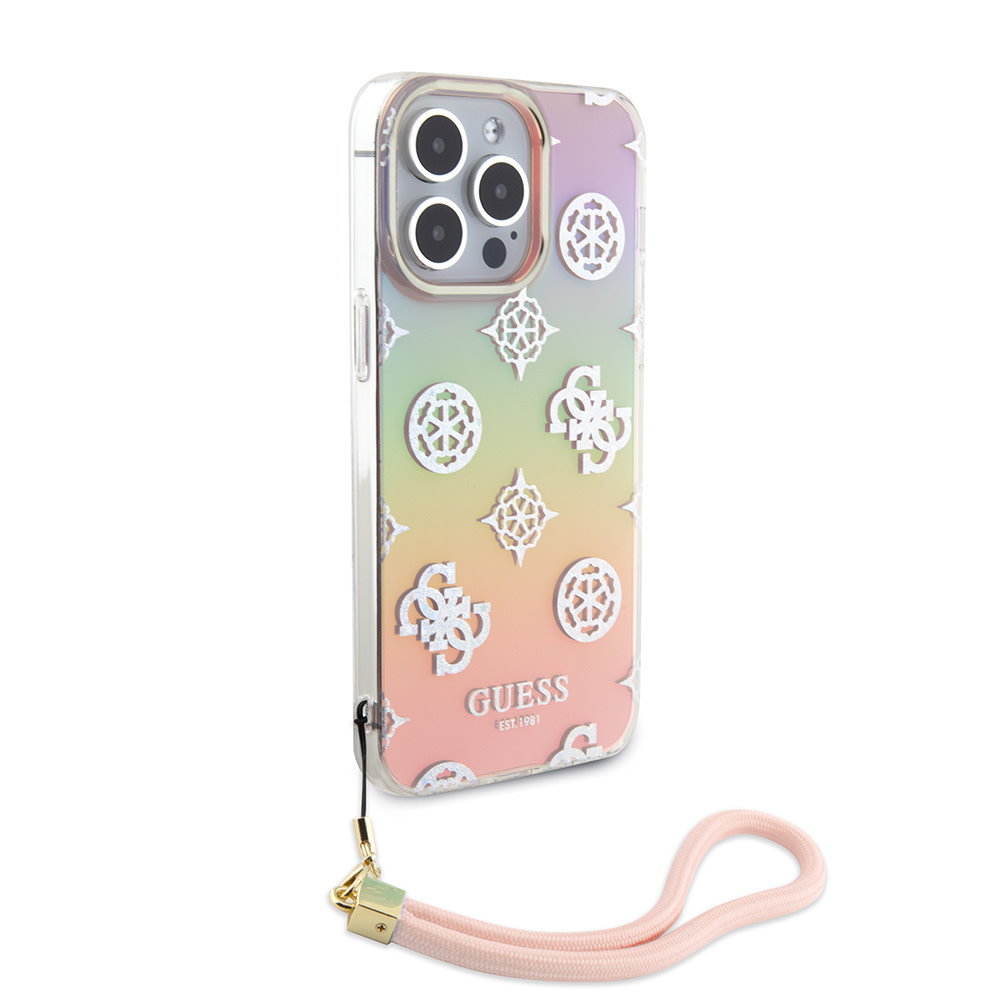 Guess Guess iPhone 15 Pro Backcover hoesje Iridescent - Glitter pattern peony - cordstrap - Roze, foto 3 van 6