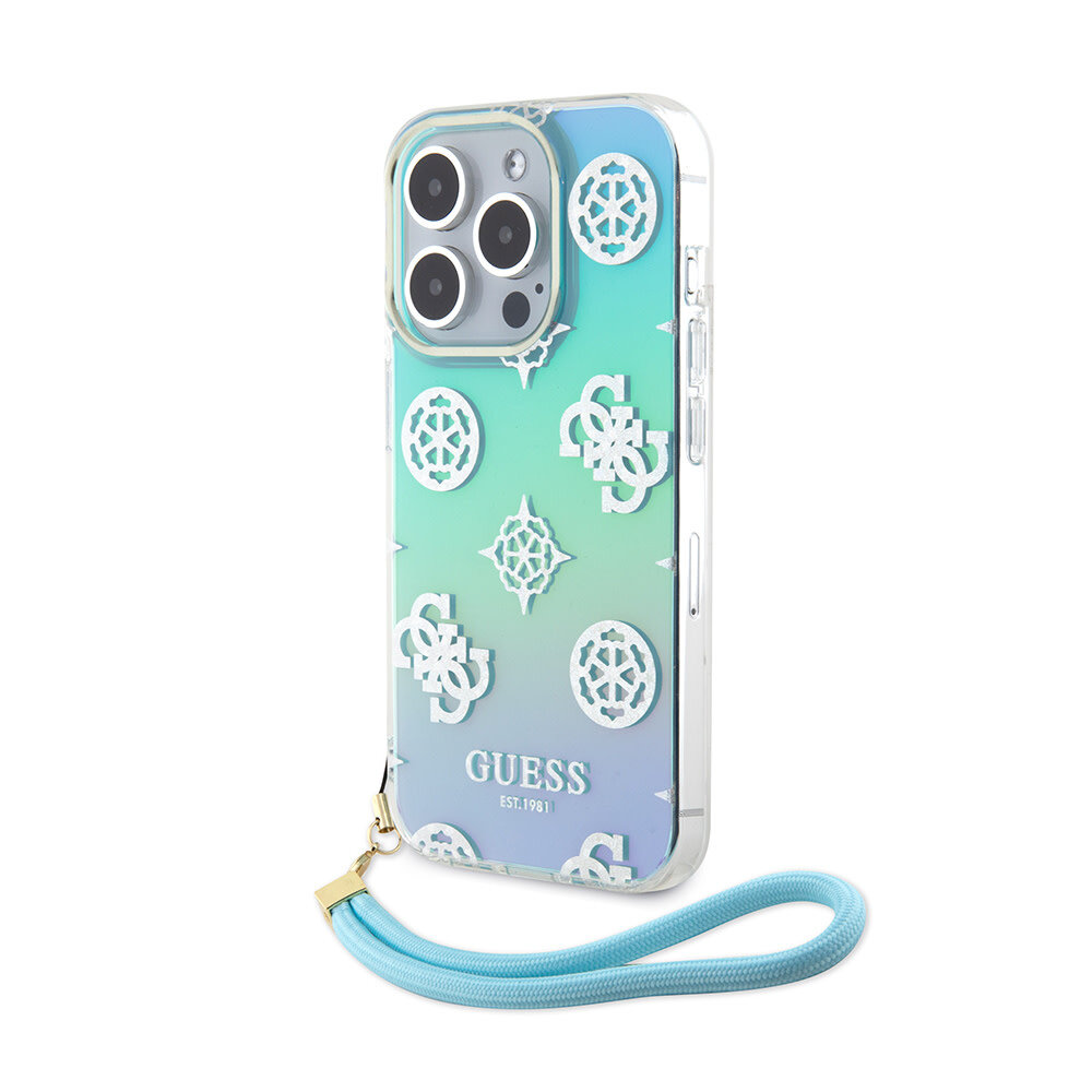 Guess Guess iPhone 15 Pro Back cover coque Iridescent - Glitter pattern peony - cordstrap - Turquoise Guess Guess iPhone 15 Pro Back cover coque Iridescent - Glitter pattern peony - cordstrap - Turquoise