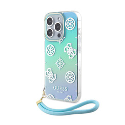 Guess iPhone 15 Pro Back-Cover hul - Iridescent - Glitter pattern peony - cordstrap - Turquoise