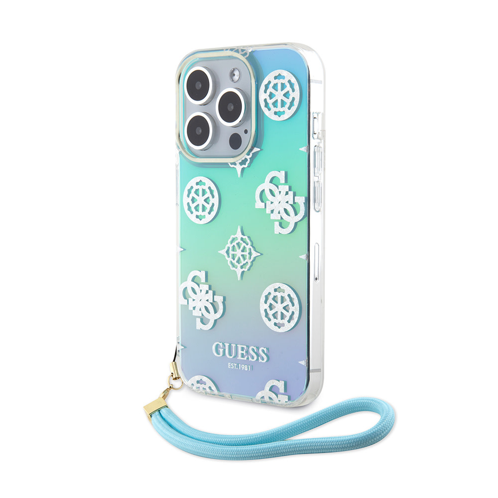 Guess Guess iPhone 15 Pro Backcover hoesje Iridescent - Glitter pattern peony - cordstrap - Turquoise