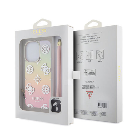Guess Guess iPhone 15 Pro Back cover case - Iridescent - Glitter pattern peony - cordstrap - Pink Guess Guess iPhone 15 Pro Back cover case - Iridescent - Glitter pattern peony - cordstrap - Pink