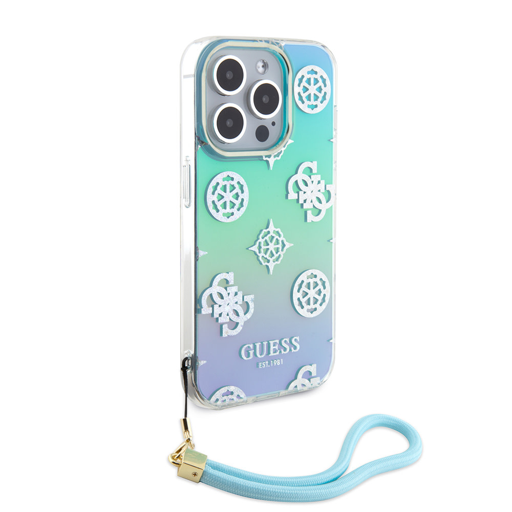 Guess Guess iPhone 15 Pro Backcover hoesje Iridescent - Glitter pattern peony - cordstrap - Turquoise, foto 2 van 6