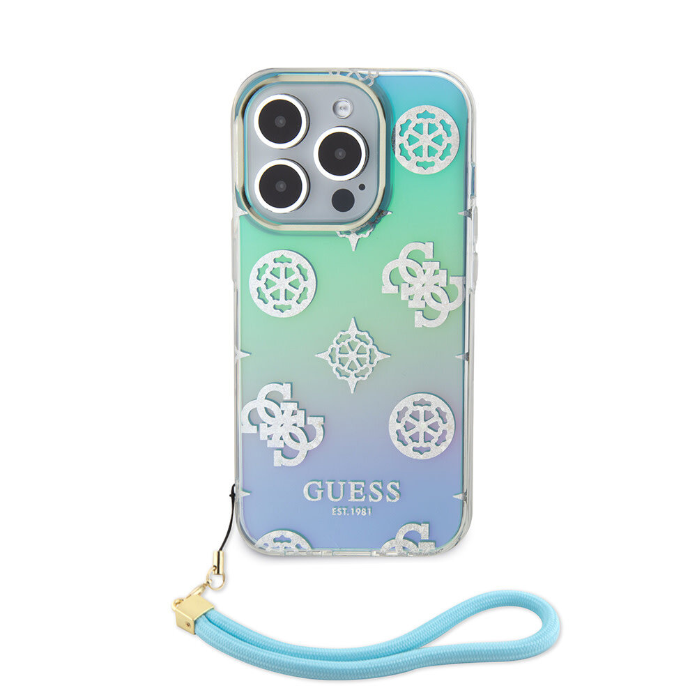 Guess Guess iPhone 15 Pro Back cover coque Iridescent - Glitter pattern peony - cordstrap - Turquoise Guess Guess iPhone 15 Pro Back cover coque Iridescent - Glitter pattern peony - cordstrap - Turquoise
