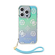 Guess Guess iPhone 15 Pro Backcover hoesje Iridescent - Glitter pattern peony - cordstrap - Turquoise Guess Guess iPhone 15 Pro Backcover hoesje Iridescent - Glitter pattern peony - cordstrap - Turquoise