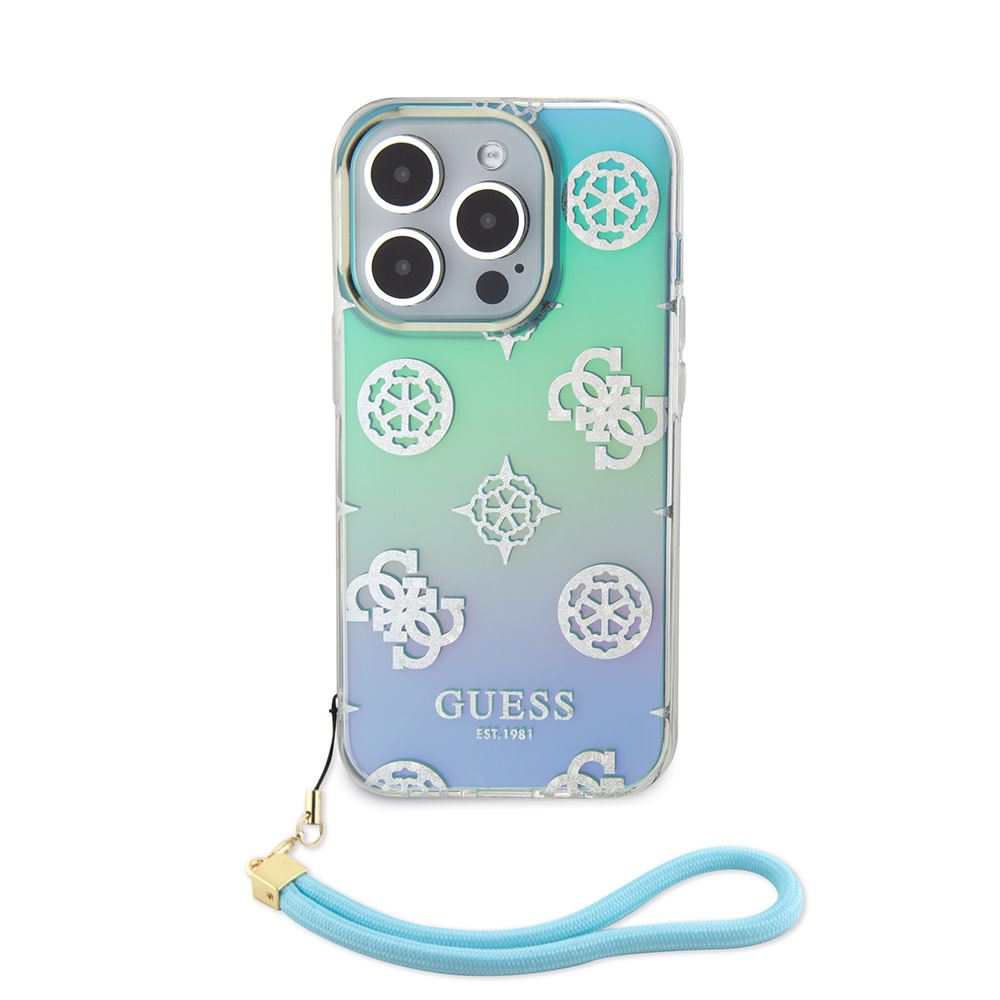 Guess Guess iPhone 15 Pro Backcover hoesje Iridescent - Glitter pattern peony - cordstrap - Turquoise, foto 3 van 6
