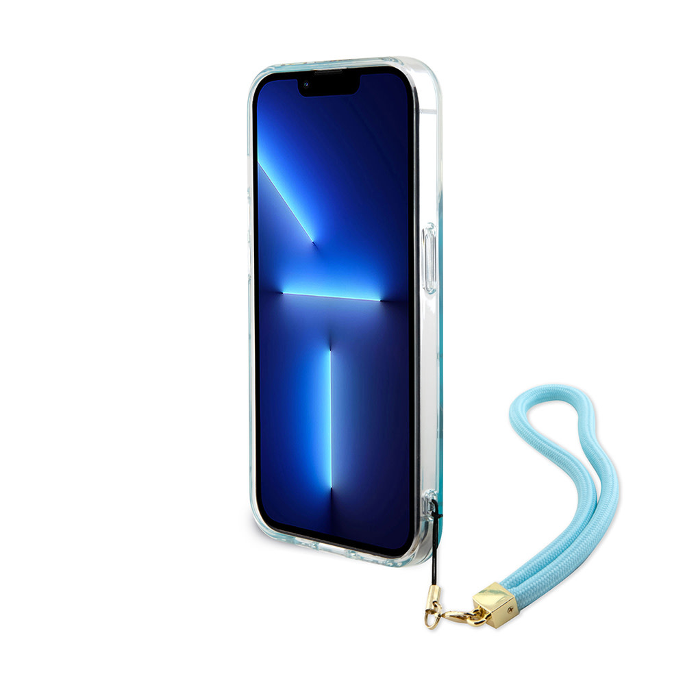 Guess Guess iPhone 15 Pro Backcover hoesje Iridescent - Glitter pattern peony - cordstrap - Turquoise, foto 4 van 6