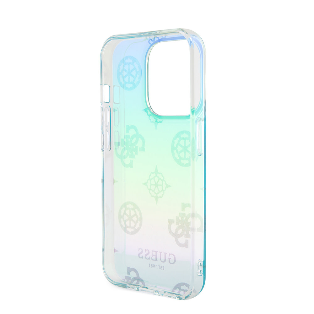 Guess Guess iPhone 15 Pro Backcover hoesje Iridescent - Glitter pattern peony - cordstrap - Turquoise, foto 6 van 6