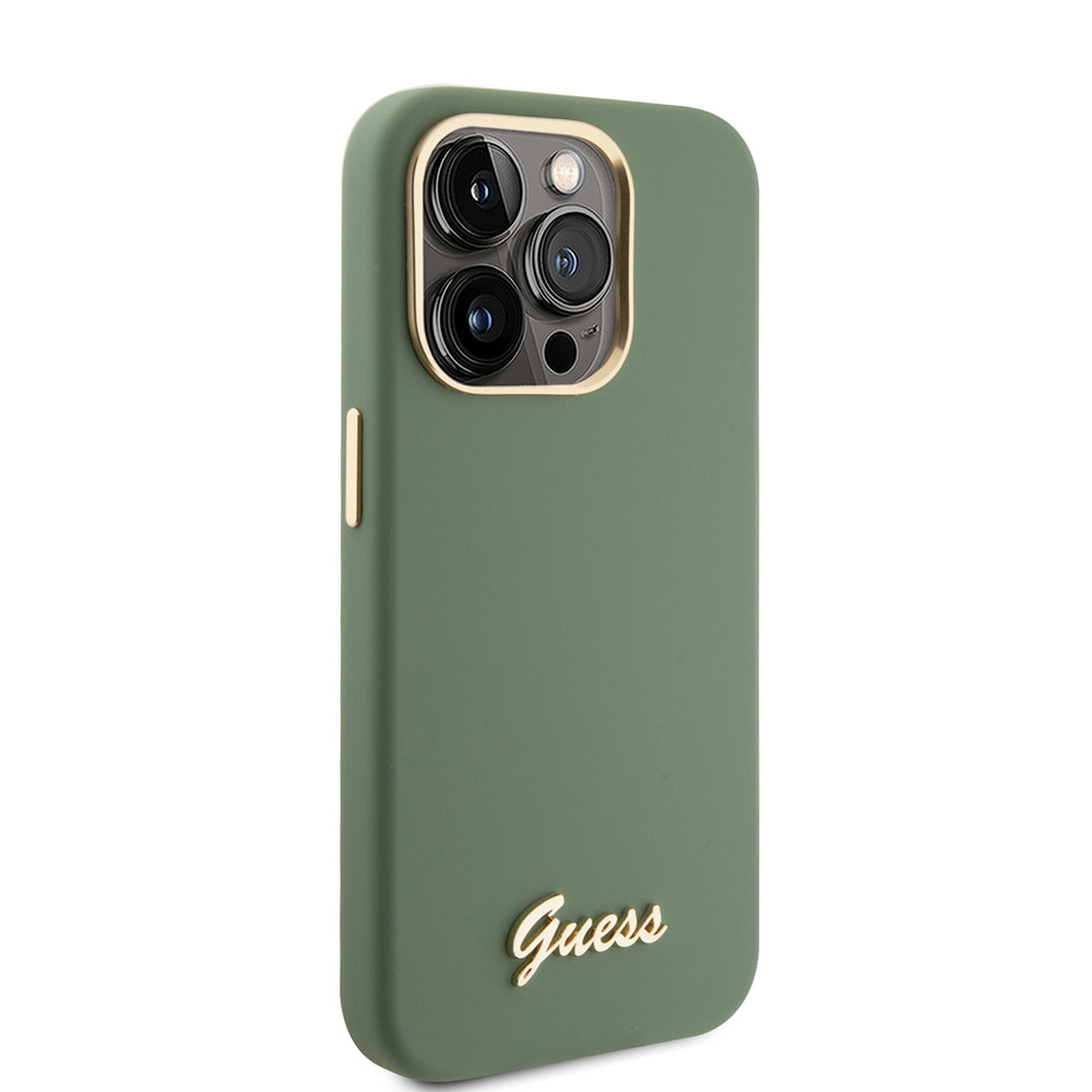Guess Guess iPhone 15 Pro Backcover hoesje Script metal logo - Kaki, foto 5 van 6