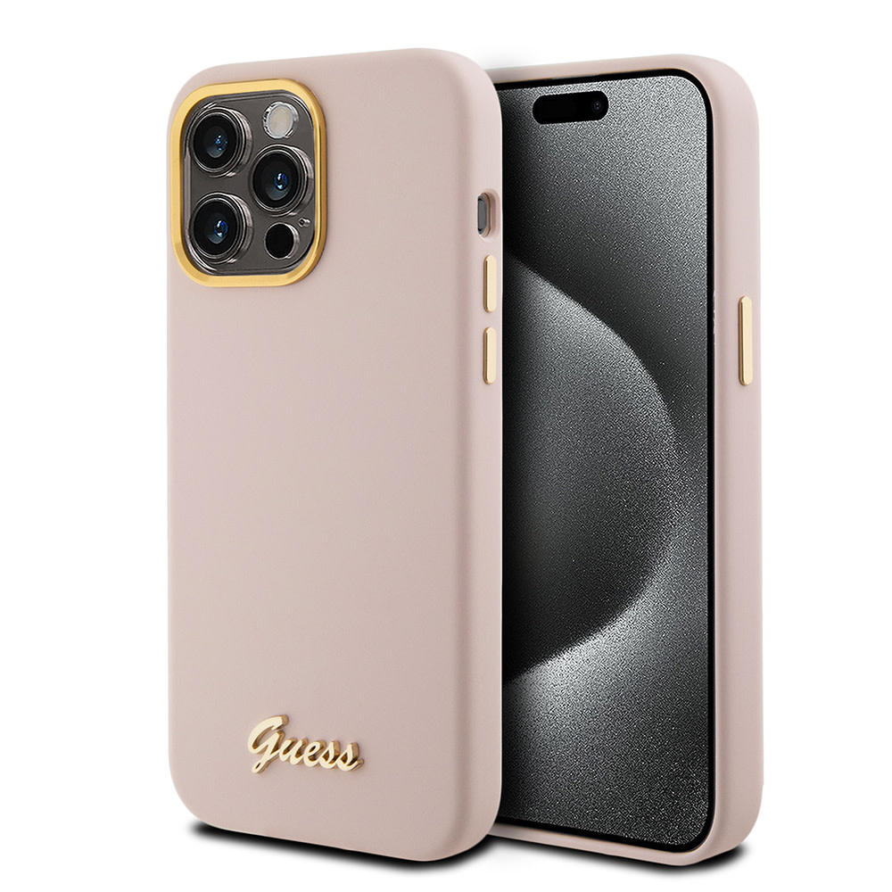 Guess Guess iPhone 15 Pro Backcover hoesje Script metal logo - Roze