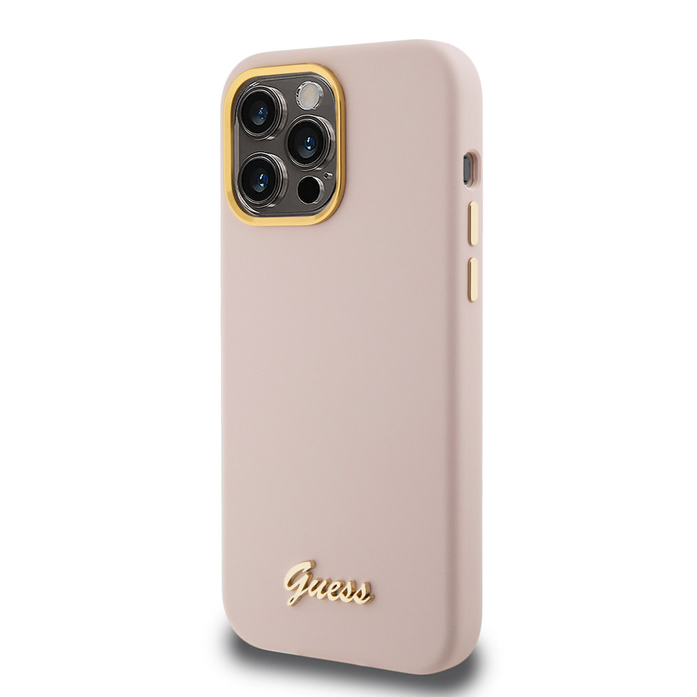 Guess Guess iPhone 15 Pro Backcover hoesje Script metal logo - Roze, foto 2 van 6