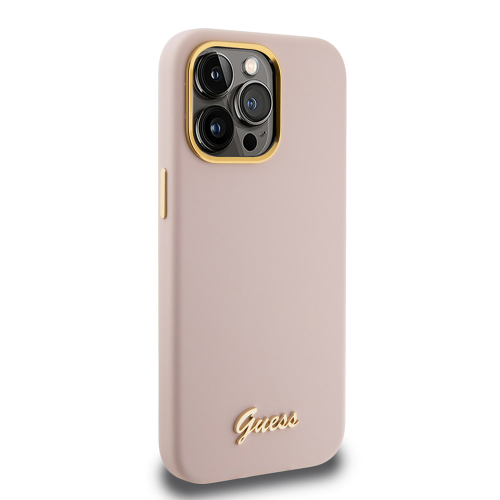 Guess Guess iPhone 15 Pro Backcover hoesje Script metal logo - Roze, foto 5 van 6