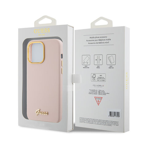 Guess Guess iPhone 15 Pro Backcover hoesje Script metal logo - Roze Guess Guess iPhone 15 Pro Backcover hoesje Script metal logo - Roze