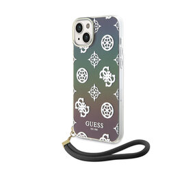 Guess Guess iPhone 15 Backcover hoesje Iridescent - Glitter pattern peony - cordstrap - Zwart Guess Guess iPhone 15 Backcover hoesje Iridescent - Glitter pattern peony - cordstrap - Zwart