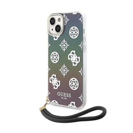 Guess Guess iPhone 15 Back cover coque Iridescent - Glitter pattern peony - cordstrap - Noir Guess Guess iPhone 15 Back cover coque Iridescent - Glitter pattern peony - cordstrap - Noir