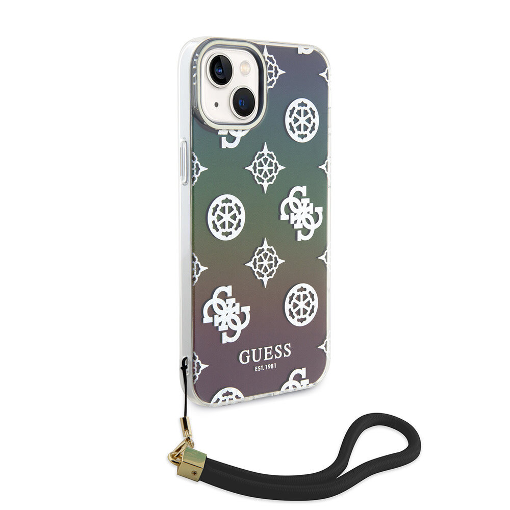 Guess Guess iPhone 15 Back cover coque Iridescent - Glitter pattern peony - cordstrap - Noir Guess Guess iPhone 15 Back cover coque Iridescent - Glitter pattern peony - cordstrap - Noir