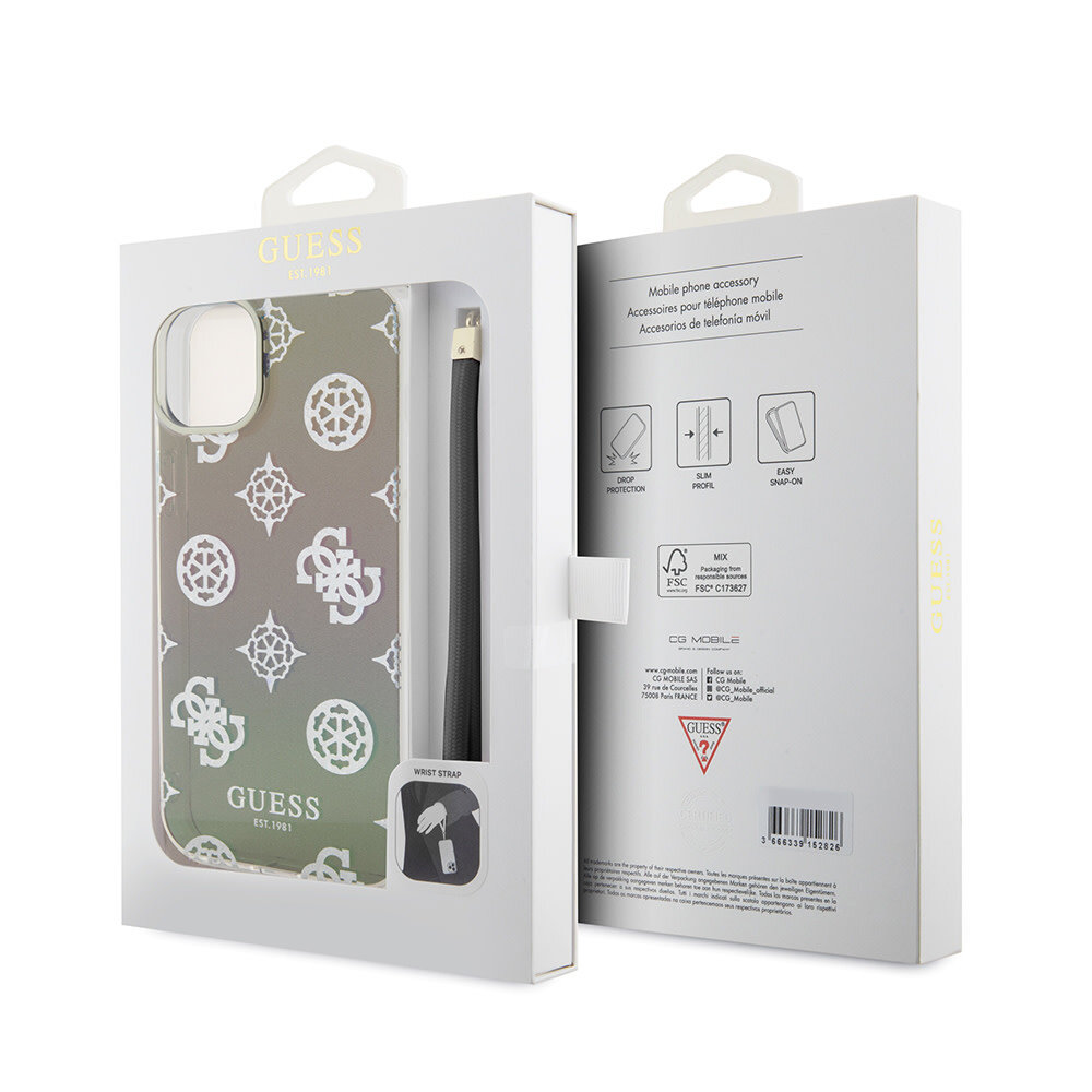 Guess Guess iPhone 15 Back cover coque Iridescent - Glitter pattern peony - cordstrap - Noir Guess Guess iPhone 15 Back cover coque Iridescent - Glitter pattern peony - cordstrap - Noir