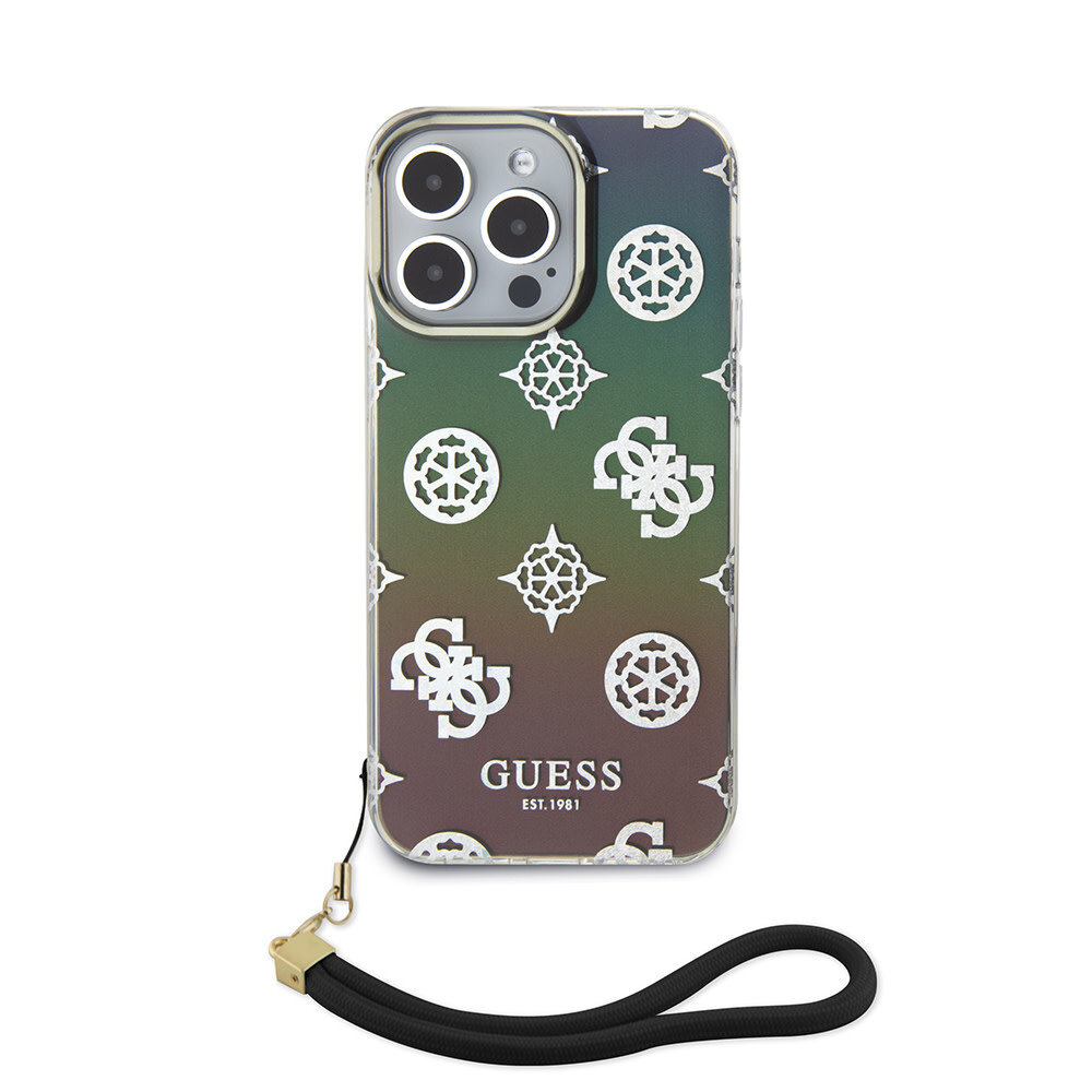 Guess Guess iPhone 15 Pro Max Back cover case - Iridescent - Glitter pattern peony - cordstrap - Black Guess Guess iPhone 15 Pro Max Back cover case - Iridescent - Glitter pattern peony - cordstrap - Black