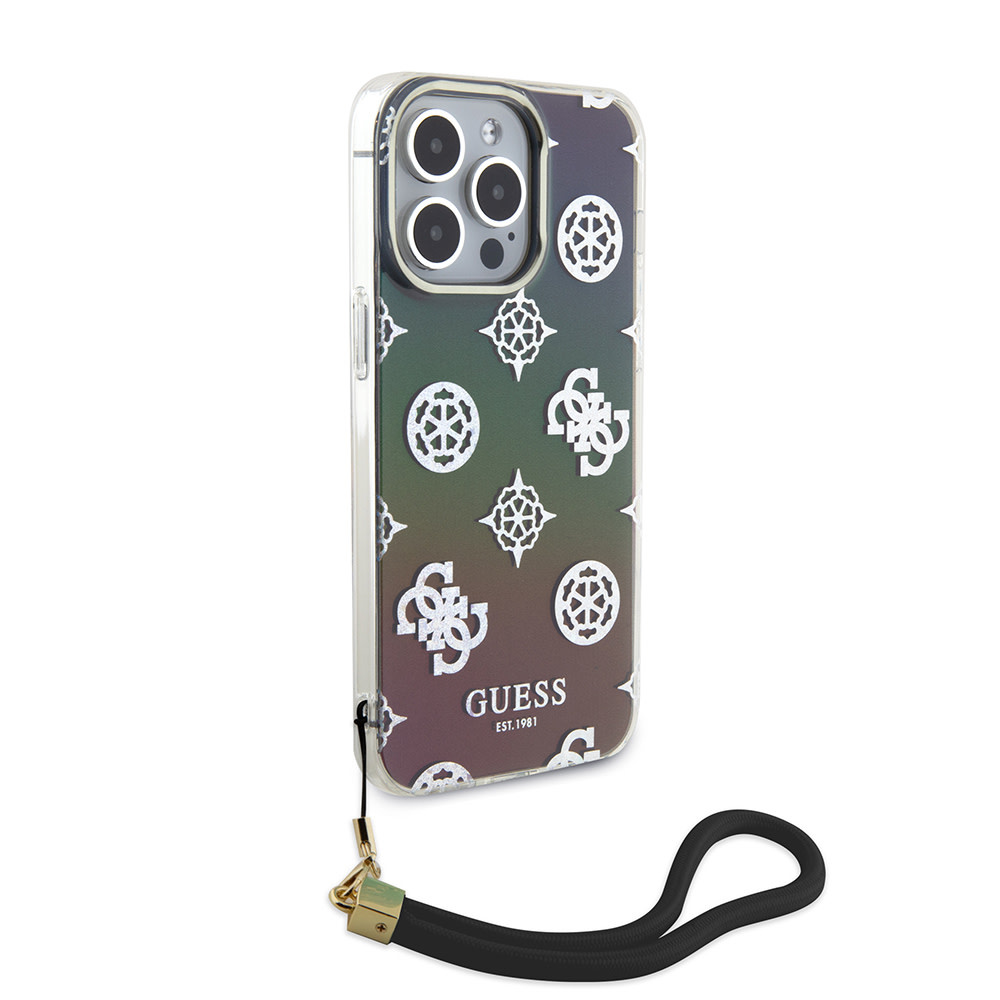 Guess Guess iPhone 15 Pro Max Backcover hoesje Iridescent - Glitter pattern peony - cordstrap - Zwart, foto 3 van 6