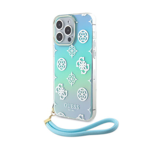 Guess Guess iPhone 15 Pro Max Back cover case - Iridescent - Glitter pattern peony - cordstrap - Turquoise