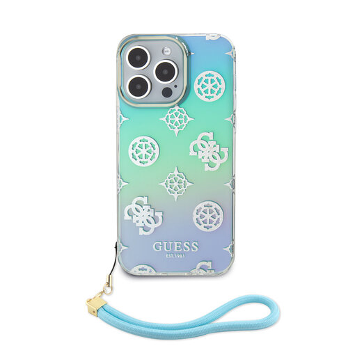Guess Guess iPhone 15 Pro Max Back cover case - Iridescent - Glitter pattern peony - cordstrap - Turquoise