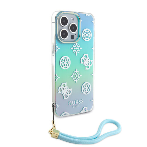 Guess Guess iPhone 15 Pro Max Back cover coque Iridescent - Glitter pattern peony - cordstrap - Turquoise