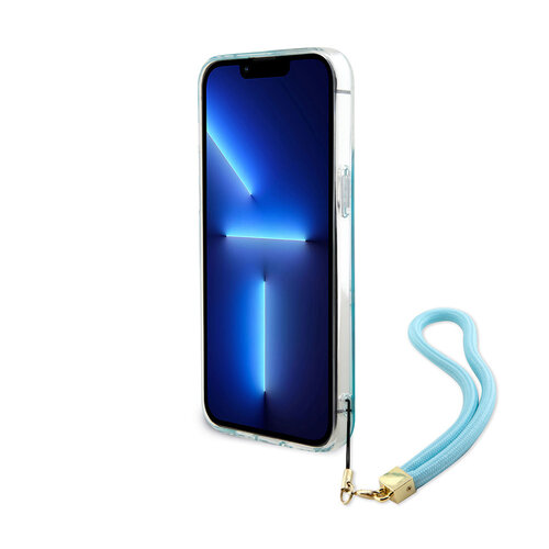 Guess Guess iPhone 15 Pro Max Backcover hoesje Iridescent - Glitter pattern peony - cordstrap - Turquoise