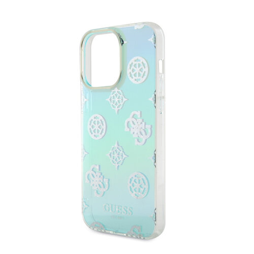 Guess Guess iPhone 15 Pro Max Back cover case - Iridescent - Glitter pattern peony - cordstrap - Turquoise