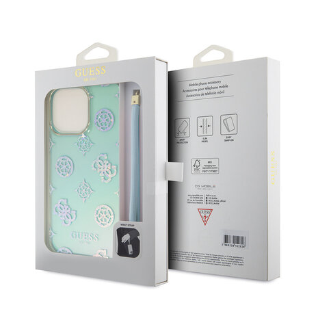 Guess Guess iPhone 15 Pro Max Back cover coque Iridescent - Glitter pattern peony - cordstrap - Turquoise Guess Guess iPhone 15 Pro Max Back cover coque Iridescent - Glitter pattern peony - cordstrap - Turquoise