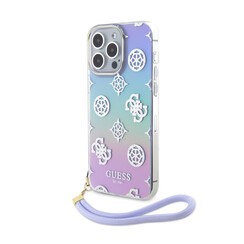 Guess iPhone 15 Pro Max Backcover hoesje Iridescent - Glitter pattern peony - cordstrap - Paars