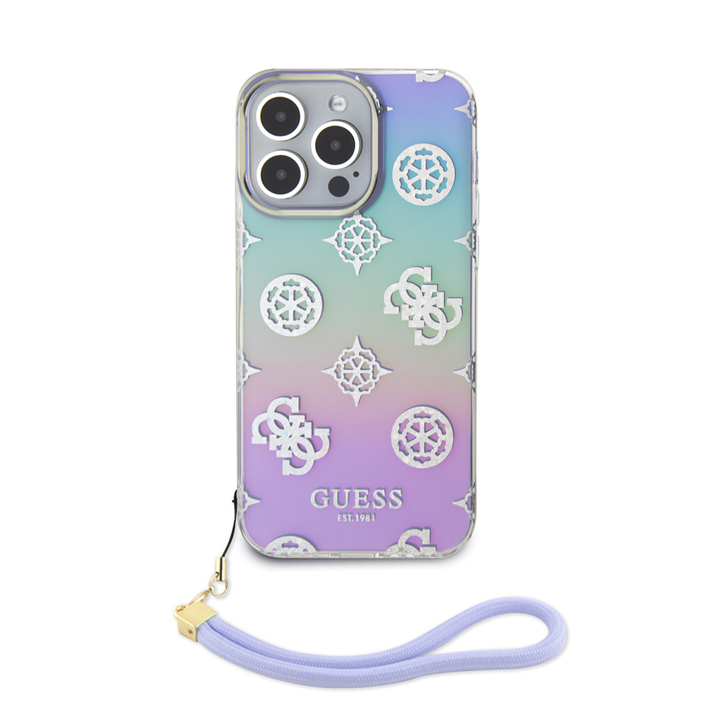 Guess Guess iPhone 15 Pro Max Backcover hoesje Iridescent - Glitter pattern peony - cordstrap - Paars, foto 2 van 6