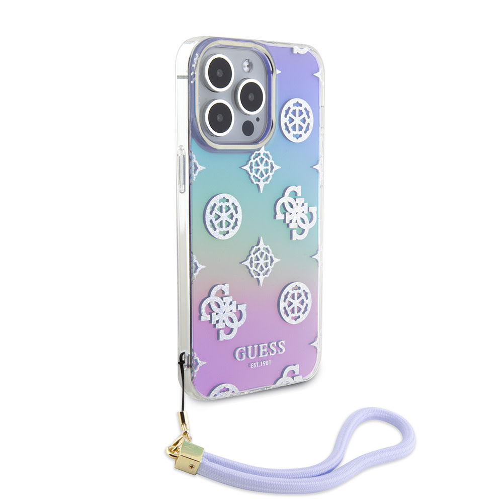 Guess Guess iPhone 15 Pro Max Backcover hoesje Iridescent - Glitter pattern peony - cordstrap - Paars, foto 3 van 6