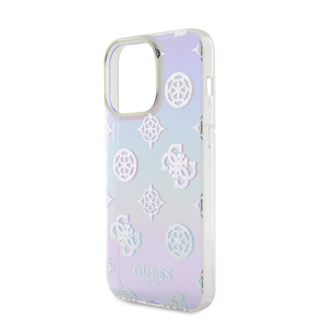 Guess Guess iPhone 15 Pro Max Backcover hoesje Iridescent - Glitter pattern peony - cordstrap - Paars Guess Guess iPhone 15 Pro Max Backcover hoesje Iridescent - Glitter pattern peony - cordstrap - Paars