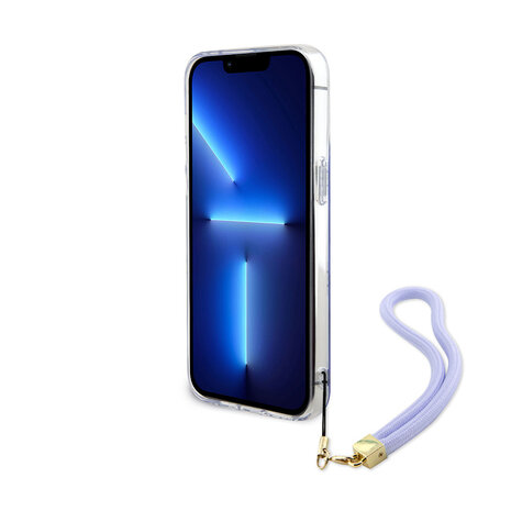 Guess Guess iPhone 15 Pro Max Backcover hoesje Iridescent - Glitter pattern peony - cordstrap - Paars Guess Guess iPhone 15 Pro Max Backcover hoesje Iridescent - Glitter pattern peony - cordstrap - Paars