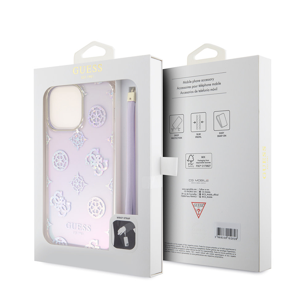 Guess Guess iPhone 15 Pro Max Backcover hoesje Iridescent - Glitter pattern peony - cordstrap - Paars, foto 6 van 6