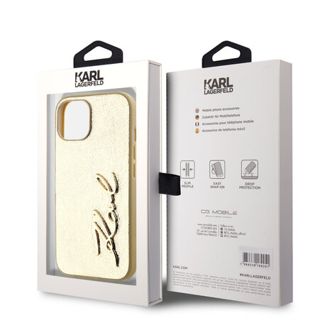 Karl Lagerfeld Karl Lagerfeld iPhone 15 Back-Cover hul - Wrinkled - Metal signature - Gold Karl Lagerfeld Karl Lagerfeld iPhone 15 Back-Cover hul - Wrinkled - Metal signature - Gold