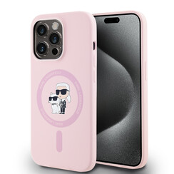 Karl Lagerfeld iPhone 14 Pro Max Backcover hoesje Magsafe silicone KC Heads Ring - Roze