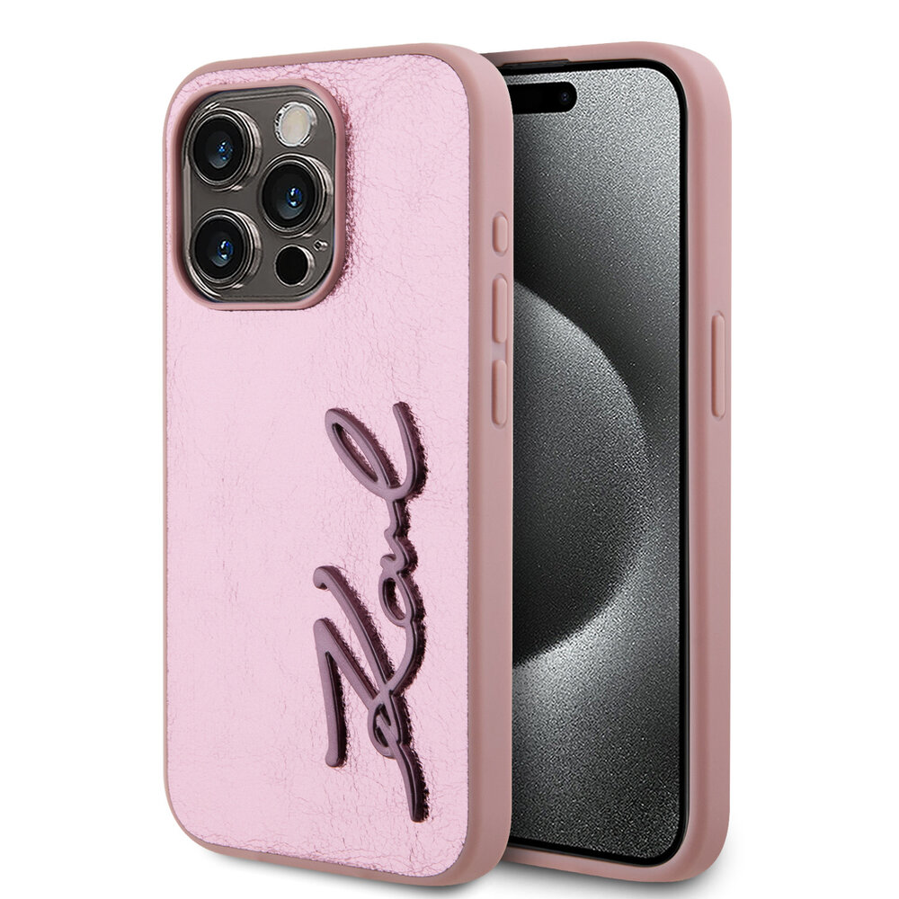 Karl Lagerfeld Karl Lagerfeld iPhone 15 Pro Backcover hoesje Wrinkled - Metal signature - Roze Karl Lagerfeld Karl Lagerfeld iPhone 15 Pro Backcover hoesje Wrinkled - Metal signature - Roze