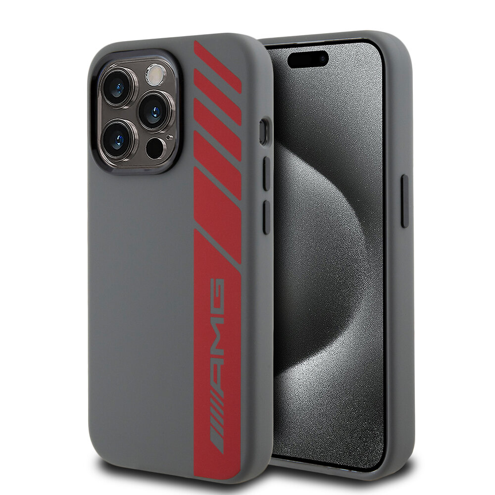 AMG AMG iPhone 15 Pro Back-Cover hul - Magsafe - Vertical Red Logo - Grau AMG AMG iPhone 15 Pro Back-Cover hul - Magsafe - Vertical Red Logo - Grau