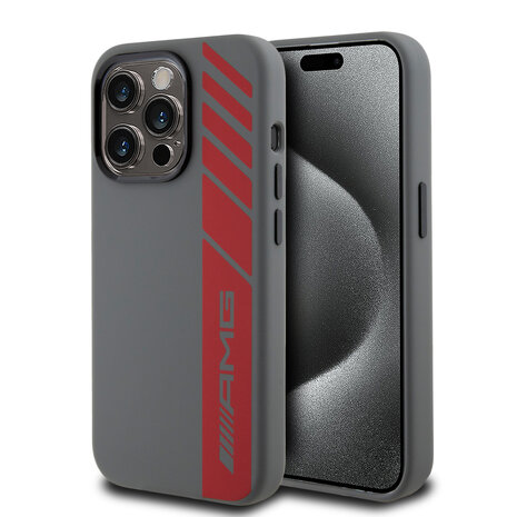 AMG AMG iPhone 15 Pro Back-Cover hul - Magsafe - Vertical Red Logo - Grau AMG AMG iPhone 15 Pro Back-Cover hul - Magsafe - Vertical Red Logo - Grau
