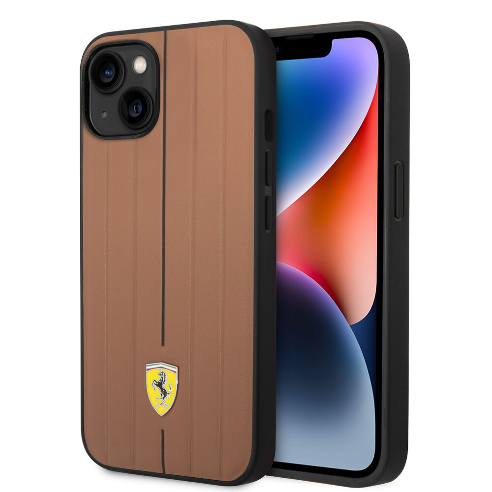 Ferrari Ferrari iPhone 14 Plus & 15 Plus Backcover hoesje - Embossed Stripes - Camel Ferrari Ferrari iPhone 14 Plus & 15 Plus Backcover hoesje - Embossed Stripes - Camel