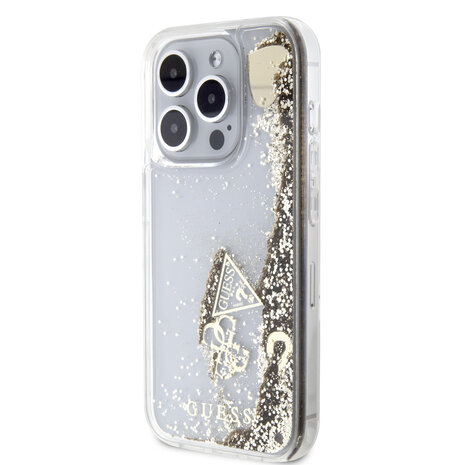 Guess Guess iPhone 15 Pro Backcover hoesje - Liquid Glitter - Charm Pattern - Goud Guess Guess iPhone 15 Pro Backcover hoesje - Liquid Glitter - Charm Pattern - Goud