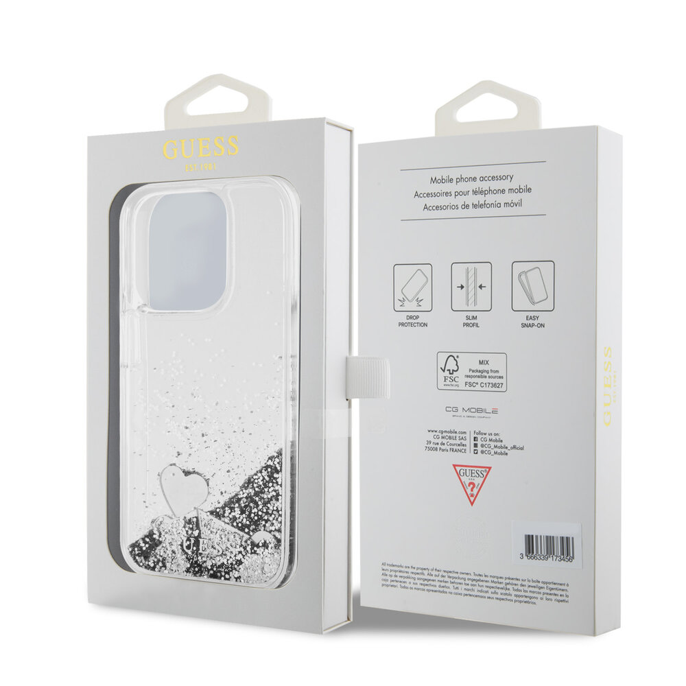 Guess Guess iPhone 15 Pro Back cover case - Liquid Glitter - Charm Pattern - Silver Guess Guess iPhone 15 Pro Back cover case - Liquid Glitter - Charm Pattern - Silver