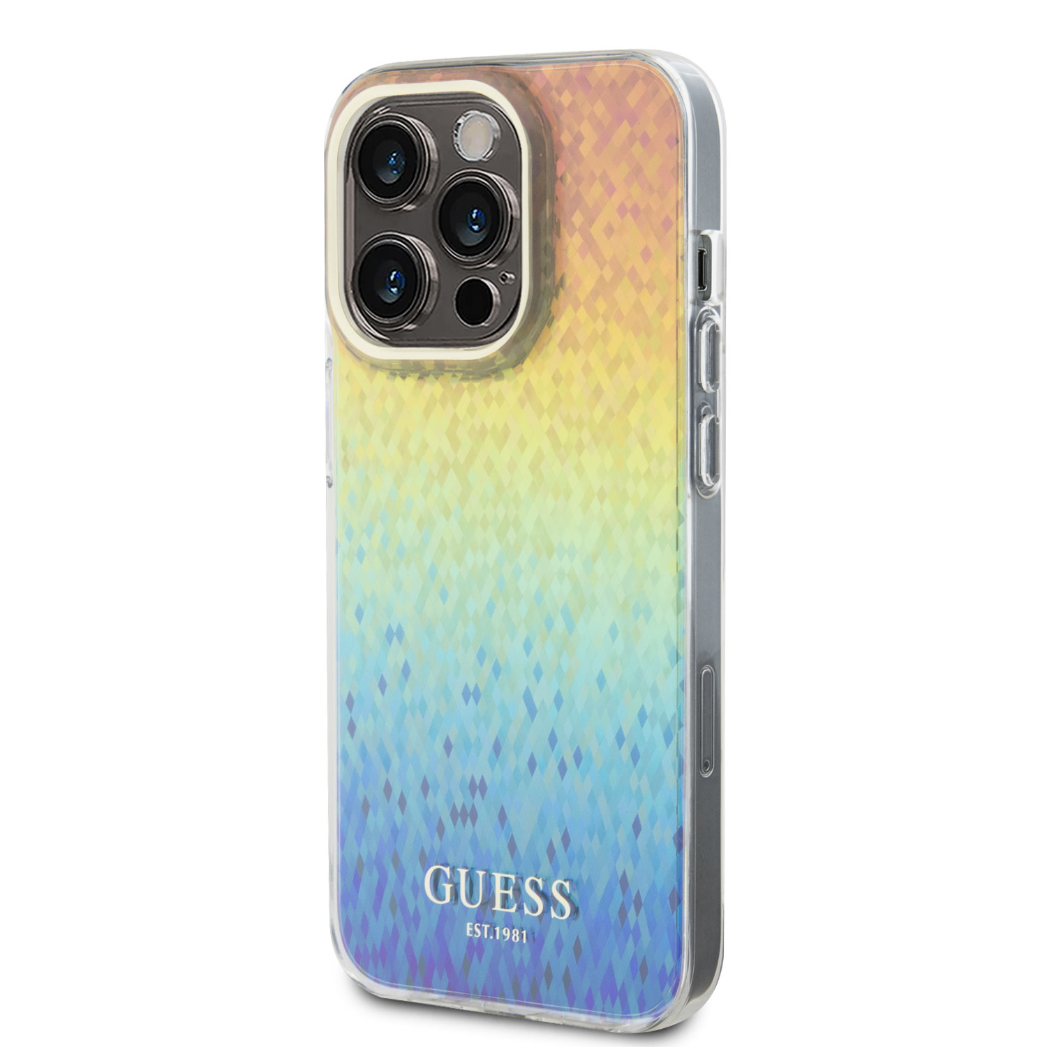 Guess Guess iPhone 15 Pro Backcover hoesje - Faceted Mirror Disco Pattern - Iridescent